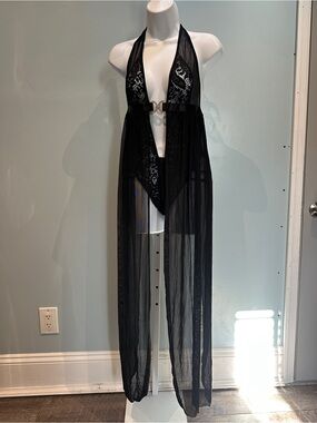 World Intimate Black Embroidery Bodysuit with Elegant Sheer Draping NWT